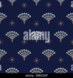 Peacock fan seamless blue vector pattern. Stock Vector