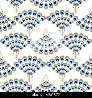 Peacock geometric wave fan seamless vector pattern. Stock Vector