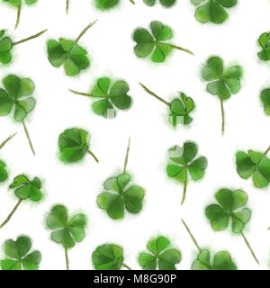St.Patrick's Day Shamrock Leaves Isolated on White Seamless Pattern. Irish Good Luck Charm Seamless Rapport for Background, Print, Design, and Textile. Stock Photo