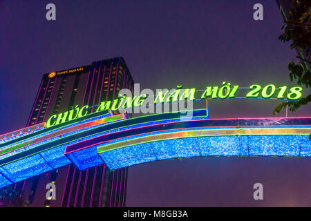 Illuminated sign celebrating Chinese Lunar New Year 2018 , Ho Chi Minh City, Saigon, Vietnam Stock Photo
