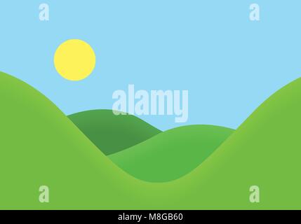 Flat design illustration of landscape with meadow and hill under blue sky with sun - vector Stock Vector
