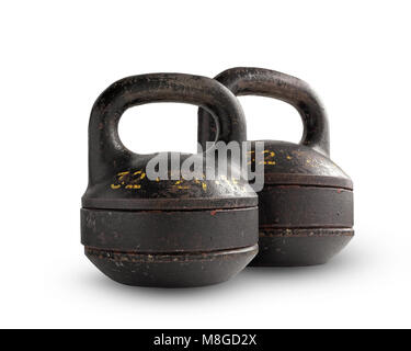 Two iron collapsible dumbbells weighing 32 kg, isolated on white background. Stock Photo