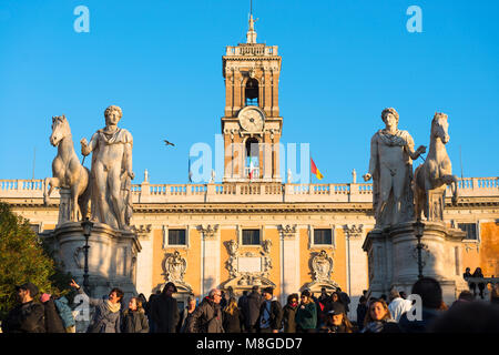 Two dioscuri (Gemini twins - or Castor and Pollux) statues on the Capitoline Hill in Rome. Stock Photo
