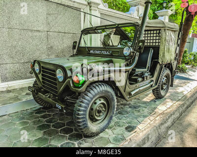 US Army Willy's Jeep on a footpath in Cambodia, used in the Vietnam War and captured by the Viet Kong. Stock Photo