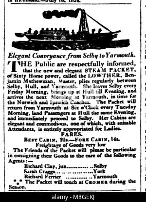 The York Herald, and General Advertiser (York, England), Saturday, August 28, 1824 - Lowther Steam Packet passenger ferry (Master, Benjamin Mathewman) of York Stock Photo