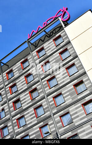 Moxy Hotel a brand of Marriot International with windows & hotel sign new build hotel close to the station at Stratford Newham East London England UK Stock Photo