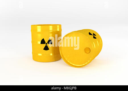 Yellow Radioactive barrels isolated on white background.3d rendering. Stock Photo