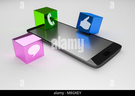 modern black glossy touchscreen smartphone with social medians isolated on white background.3d rendering. Stock Photo