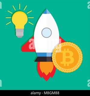 Startup startup ideas, bitcoin investments in ICO. Initial coin offering and investment in new business ico, vector illustration Stock Vector