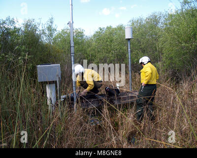 BICY pr image b cr Gustave Pellerin   .Reserchers collecting data from a test well within the Preserve. Stock Photo