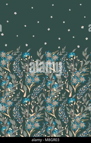 Hand drawn vector seamless border of wild flowers and herbs. Vertical seamless herbal graphic illustration or background. Blue gray Stock Vector