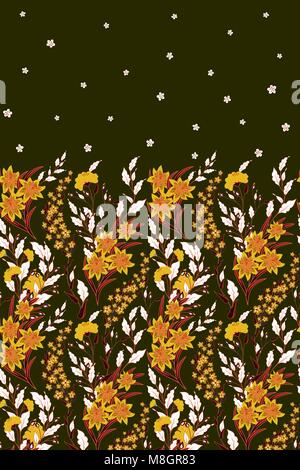 Hand drawn vector seamless border of wild flowers and herbs. Vertical seamless herbal graphic illustration or background. Orange on green Stock Vector