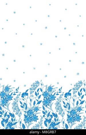 Hand drawn vector seamless border of wild flowers, herbs and berries.Thin delicate lines of different plants - shepherds purse, clover, dill, mint, chamomile. Herbal graphic illustration or background Stock Vector