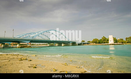 The Al Maqta Bridge, constructed in 1967, is the first landmark bridge connecting the UAE mainland with Abu Dhabi Island. Stock Photo