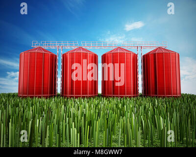 Agriculture grain silos on grass under blue sky. 3D illustration. Stock Photo