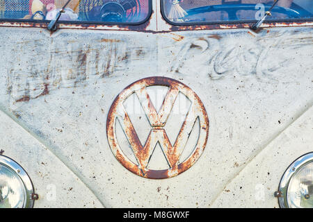 Rusty VW Rat Split Screen Volkswagen campervan at a VW show. England. Front end abstract Stock Photo