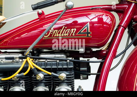 PRAGUE, CZECH REPUBLIC - MARCH 8 2018: American motorcycle Indian Four from year 1931 stands on March 8, 2018 in Prague, Czech Republic. Stock Photo