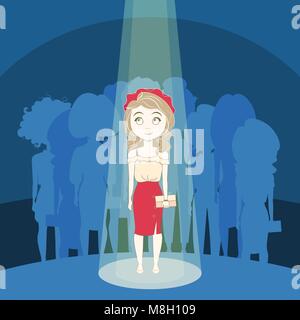 Young Girl Standing Out Crowd In Spotlight Over Silhouette People Group Background Stock Vector