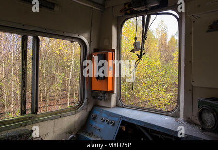 Interior of a wrecked train drivers cab Stock Photo
