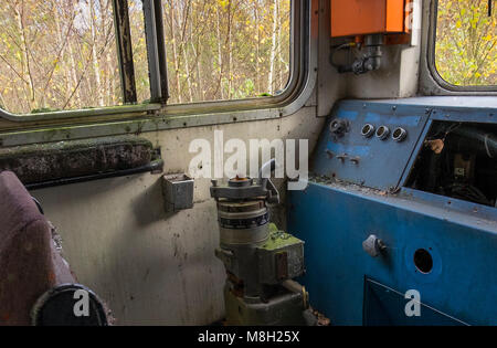 Interior of a wrecked train drivers cab Stock Photo