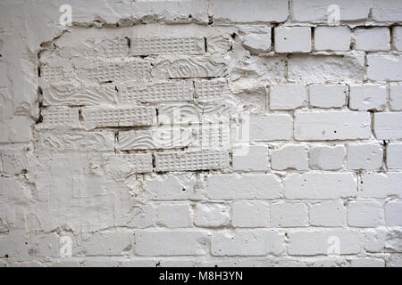 Old Stucco White Brick Wall. Abstract Whitewash Brickwall Background Texture. Vintage Web Banner Wide Screen For design . Stock Photo