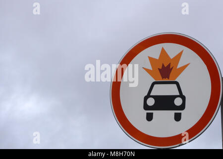 Old warning sign on vehicle with tank for flammable liquid background. Transportation of flammable and combustible liquids. Color effect Stock Photo