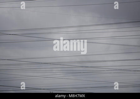 Hight voltage electric wires on pole with beautiful sky Stock Photo