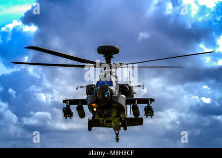 An Apache helicopter performs a short set of manoeuvres for Prince Henry of Wales KCVO and new graduates at the Museum of Army Flying, Middle Wallop on Friday 16 March, 2018. Stock Photo