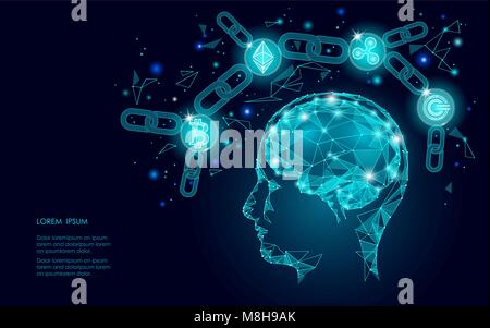 Ethereum Bitcoin Ripple coin digital cryptocurrency human brain artifitial intellegence. Big data information mining technology. Blue abstract web internet electronic payment vector illustration Stock Vector