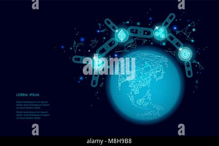 Ethereum Bitcoin Ripple coin digital cryptocurrency global planet Earth. Big data information mining technology. Blue abstract web internet electronic international safety payment vector illustration Stock Vector