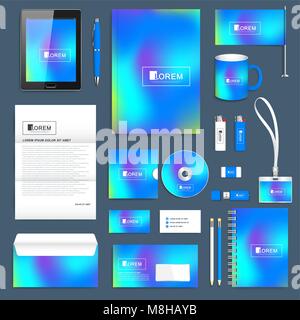 Blue business set of vector corporate identity template. Modern stationery mock-up. Abstract fluid 3d shapes vector trendy liquid colors background. Colored fluid graphic composition. Branding design. Stock Vector