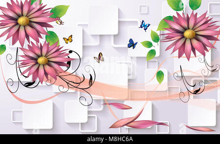 3d Flowers on geometrical background Stock Photo