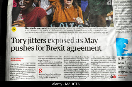 'Tory jitters exposed as May pushes for Brexit agreement' Guardian newspaper article headline 21 February 2018  London England UK Stock Photo