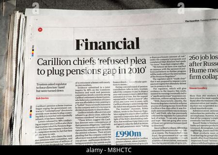 'Carillion chiefs refused plea to plug pensions gap in 2010'  Guardian newspaper article 20 February 2018 London England UK Stock Photo