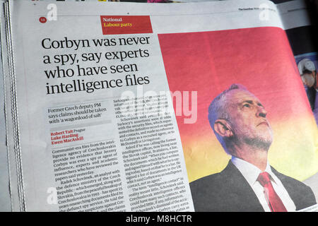 'Corbyn was never a spy, say experts who have seen intelligence files' Guardian newspaper article February 2018 in London England UK Stock Photo