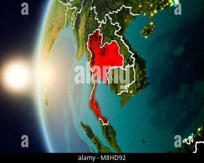 Illustration of Thailand as seen from Earth’s orbit during sunset with visible country borders. 3D illustration. Elements of this image furnished by N Stock Photo