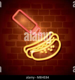 fast food hot dog neon label vector illustration design Stock Vector