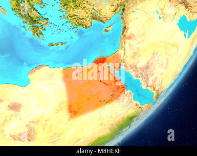 Satellite view of Egypt highlighted in red on planet Earth with clouds. 3D illustration. Elements of this image furnished by NASA. Stock Photo