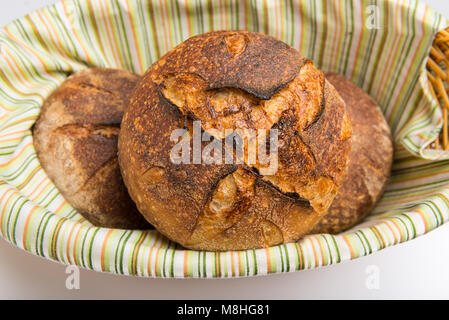 Fresh baked loafs of round artisan sour dough bread in a bread basket. Stock Photo