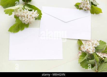 Craft paper sheets and white envelope. Blank card with spring green leaves and white flowers. Mockup design. Top view with copy space. Stock Photo