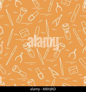 Seamless pattern with variety tools for manicure and pedicure. Personal care. Design for banner, poster or print. Stock Vector