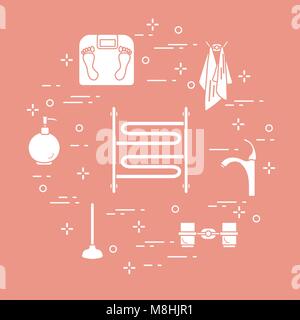 Bathroom elements:  scales, towel warmer, faucet, plunger, glasses, soap dispenser, towels. Design for poster or print. Stock Vector