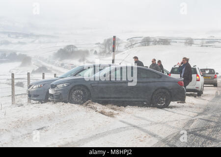 A66, 17 March 2018: UK weather - white out - heavy snow and icy conditions created very difficult driving conditions on the A66.  There were multiple accidents and long tailbacks in both directions Credit: Kay Roxby/Alamy Live News Stock Photo