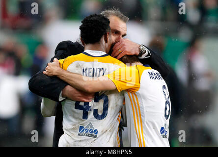 BUDAPEST, HUNGARY - MARCH 2: (r-l) David Markvart of DVTK controls the ball  next to Roland Varga of Ferencvarosi TC during the Hungarian OTP Bank Liga  match between Ferencvarosi TC and DVTK