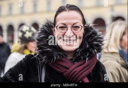Munich, Bavaria, Germany. 17th Mar, 2018. Claudia Tausend, SPD member of the Bundestag. Protesting against the arrival of Pegida Dresden's Lutz Bachmann and Sigfried Daebritz in Munich, no less than three demonstrations were organized by the city, including a Muenchen ist Bunt and Bellevue di Monaco protest at Max Joseph Platz. At this demonstration, choirs were in attendance, along with celebrities, politicians, and other prominent Muenchners dressed as doctors in order to tell Pegida that they will help them go back to Dresden. Participants: Syrischer Friedenschor, MÃ¼nchner Kneipencho