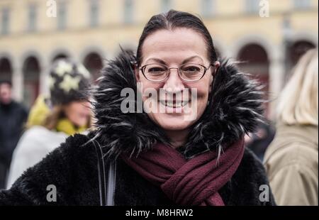 Munich, Bavaria, Germany. 17th Mar, 2018. Claudia Tausend, SPD member of the Bundestag. Protesting against the arrival of Pegida Dresden's Lutz Bachmann and Sigfried Daebritz in Munich, no less than three demonstrations were organized by the city, including a Muenchen ist Bunt and Bellevue di Monaco protest at Max Joseph Platz. At this demonstration, choirs were in attendance, along with celebrities, politicians, and other prominent Muenchners dressed as doctors in order to tell Pegida that they will help them go back to Dresden. Participants: Syrischer Friedenschor, MÃ¼nchner Kneipencho