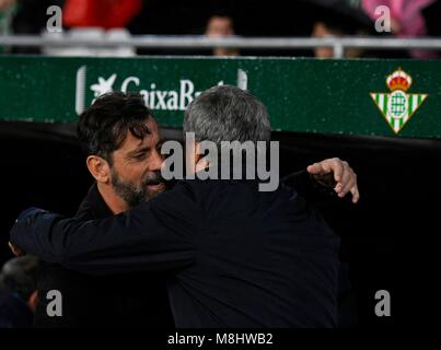 SEVILLE, SPAIN - MARCH 17: Head Coach of RCD. Espanyol Quique Sanchez Flores looks on during the La Liga match between Real Betis and RCD Espanyol at Estadio Benito Villamarin on March 17, 2018 in Seville, . (Photo by Cristobal Duenas )  Cordon Press Stock Photo