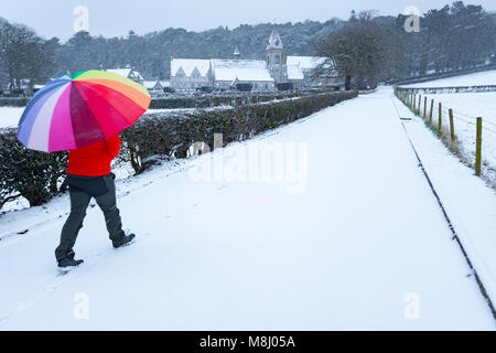 Flintshire, Wales, UK  With Met Office Warnings in place for snow the Mini Beast from the East brings a chill to Flintshire with freezing temperatures and snowy conditions with more on the way throughout the next 24hrs. A person walking down a snow covered lane with a mulitcoloured umbrella for protection from the heavy snow fall at the Pantasaph Franciscan Friary, Flintshire Stock Photo