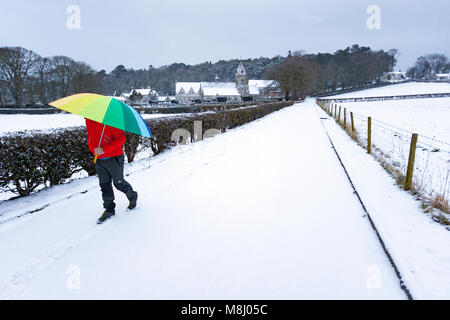 Flintshire, Wales, UK  With Met Office Warnings in place for snow the Mini Beast from the East brings a chill to Flintshire with freezing temperatures and snowy conditions with more on the way throughout the next 24hrs. A person walking down a snow covered lane with a mulitcoloured umbrella for protection from the heavy snow fall at the Pantasaph Franciscan Friary, Flintshire Stock Photo