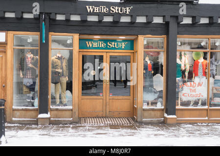 Stratford upon Avon England March 18th 2018 white stuff shop with snow in front after beast from the east Credit: paul rushton/Alamy Live News Stock Photo